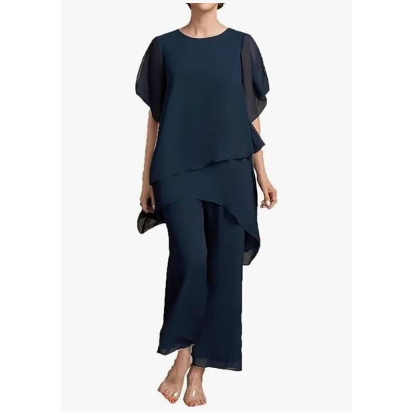Women's 2 Pieces Pantsuits Navy Short Sleeve Chiffon Ankle Length Formal Size 12 - Picture 12 of 13